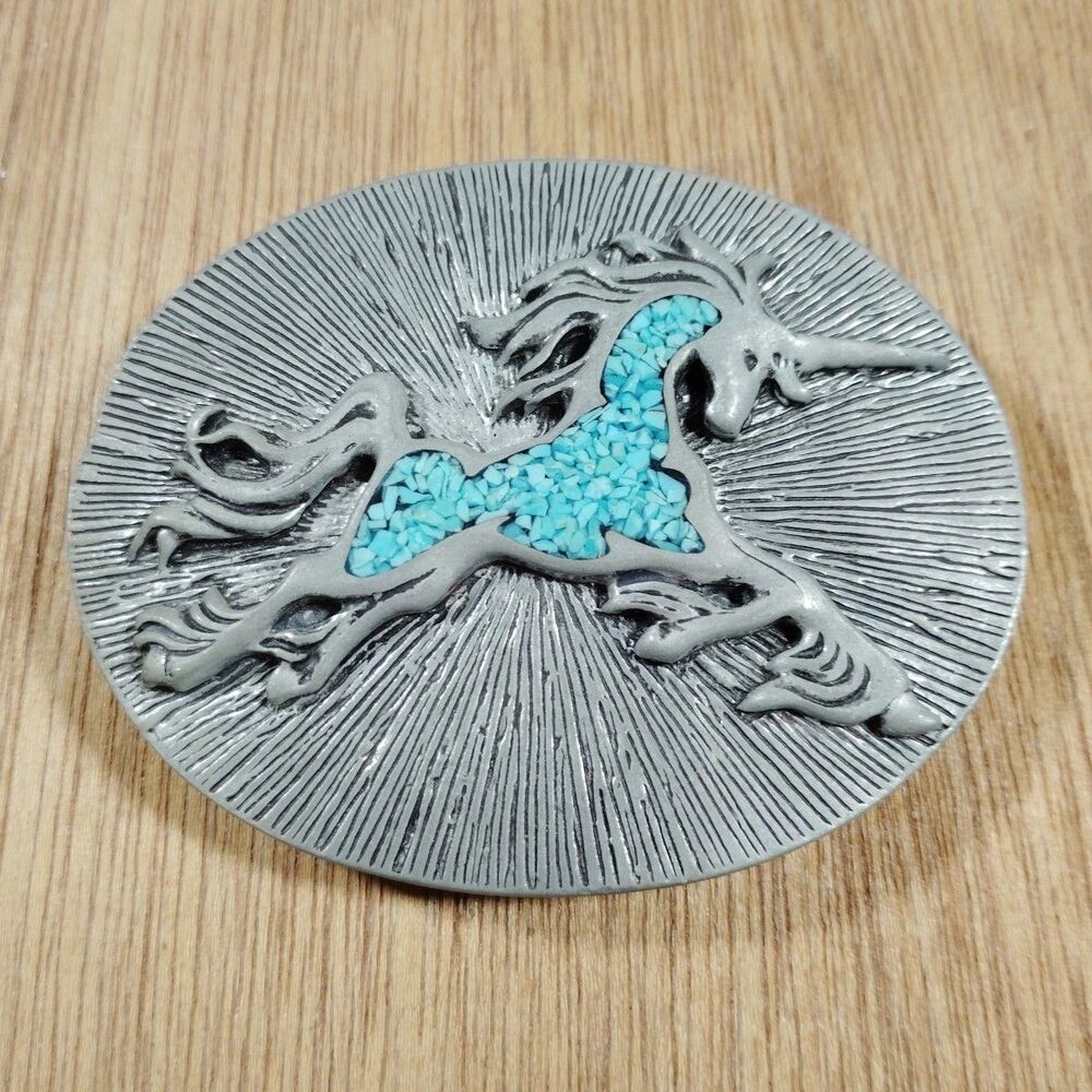 Vintage Unicorn Turquoise Inlay Oval Belt Buckle Fantasy Mythical Magical Silver